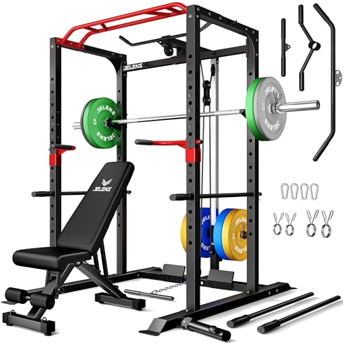 Image of JELENS S11 Power Cage, 2000LB Multi-Function Power Rack with LAT Pulldown, Squat Rack with Adjustable Pulley System and Training Attachments, Weight Rack for Home Gym