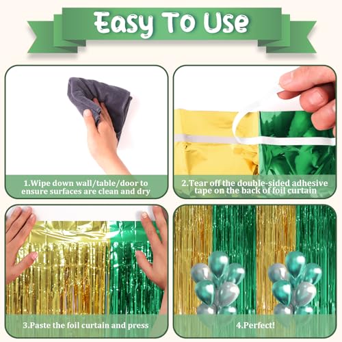 Image of Voircoloria 2 Pack Green and Gold Foil Fringe Backdrop Curtains, Tinsel Streamers Party Decorations, Fringe Backdrop, Door Shimmer for Graduation or Birthday Party