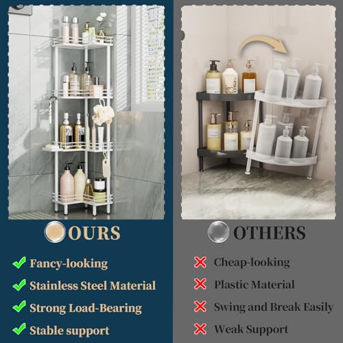 Image of Consumest Corner Shower Caddy Standing - 4-Tier Stainless Steel Shower Organizer with Soap Holder and 4 Hooks, Large Capacity Corner Shelf Stand for Bathroom, Rest Room, White