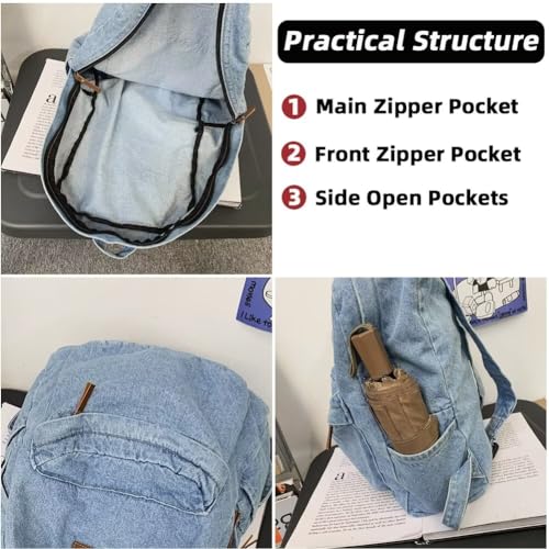 Mudono Denim Backpack for Women Retro Jeans Daypack Spacious Lightweight Rucksack Travel Backpack Fit 15 Inch Laptop4