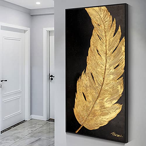 Peinture sur Toile Plume Dorée et Argentée 90x180cm Grand Format Moderne Sans Cadre pour Salon