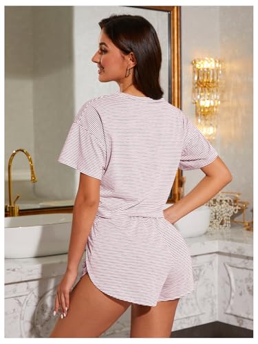 Image of OYOANGLE 2 Pack Pajama for Woman Set Summer Cute PJ Sets Striped Short Sleeve Tshirt and Split Shorts Lounge Set
