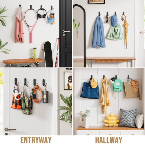 Image of TAILI Adhesive Double Hooks for Hanging, 4 Coat Hooks & 6 Strips, Black
