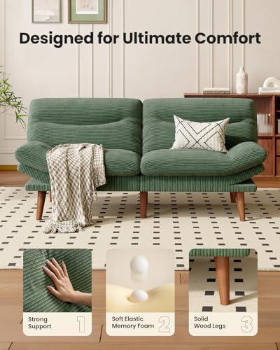 Image of Amada 75 inch Convertible Futon Sofa Bed, Corduroy Folding Futon Set with Adjustable Backrest &Armrests, Recliner Lounge for Living Room, Apartment or Office, Solid Wood Frame, Loveseat Sofa -Forest Green