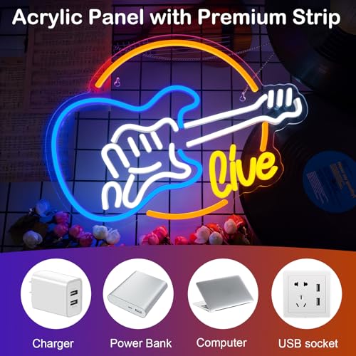 Image of Wanxing Live Music Neon Signs Guitar Shape LED Signs Game Art LED Neon Signs for Wall Decor Studio Neon Light Signs USB Powered Switch Lights Up Sign for Party Lover Girl Boy(Colorful Guitar Live)