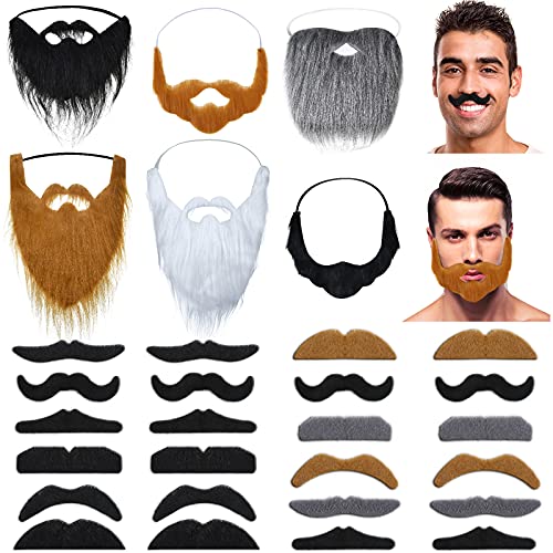 30 Pieces Fake Mustache Beards Fake Facial Hair Set Costume Adhesive Mustache Whiskers Funny for Holiday Party