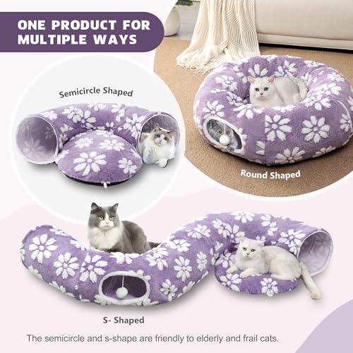 Image of Cat Tunnel for Indoor Cats, Cute Peekaboo Cat Cave with Dangling Balls, Pet Donut Tunnel Bed with Circle Mat for Puppy Kitten Rabbit, Purple