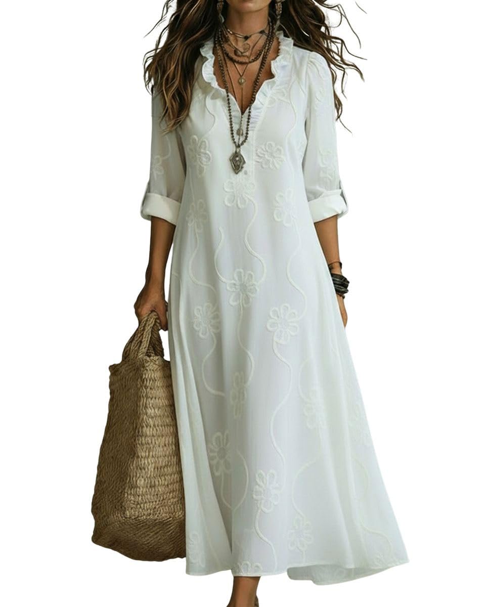 Vestido Camisero de Verano para Mujer Estilo Boho con Volantes, Bordado Floral y Mangas largas enrolladas — Túnica Casual de Playa Larga