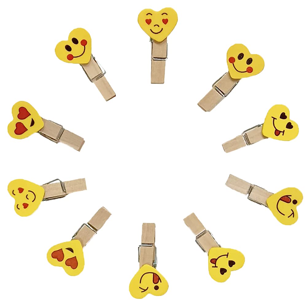 Infiprises 10 pcs Emoji Shape Wooden Clips with 1 Meter Twine Jute Rope, Multi-Function pins, Photo Paper Peg, Pin Craft Clips for Home School Arts Crafts Decor, Size: 3.5 cm