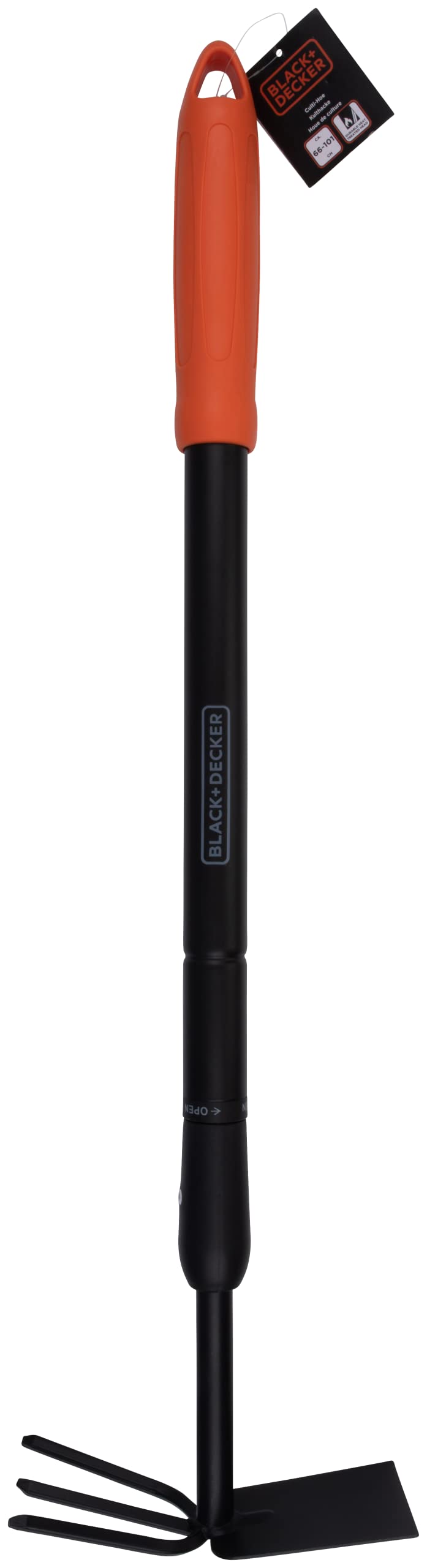 BLACK+DECKER Râteau avec Houe - Jardinage Outillage - Réglable en Longueur 66-101 CM - Cultiver et Désherber - Noir/Orange