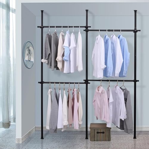 PFLife ハンガーラック 突っ張り ツッパリハンガーラック 突っ張りハンガーラック 服かけ ツッパリ棒 クローゼット 頑丈 伸縮 横75-120cm 高さ110cm-300cm 衣類収納 洋服ラック おしゃれ (ブラック, セット5)