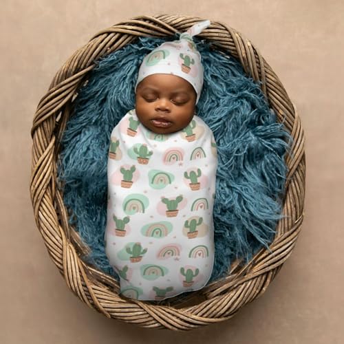 Image of Cactus On Summer Newborn Swaddle Blankets Hat Sets Soft Baby Receiving Blanket Swaddle Sack for Baby Shower Infant Boy Girl Gift