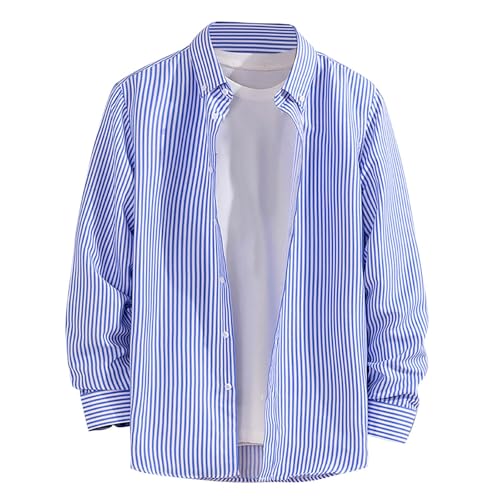 Camisa de manga larga con rayas verticales para hombre, informal, con botones, para uso diario y estilo retro, azul claro, L