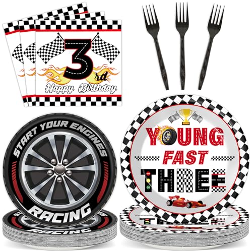 96PCS Race Car Themed 3rd Party Paper Plates and Napkins and Forks Set Young Fast Three Party Tableware Racing Checkered Flag Disposable Dinnerware for Kids Birthday Gatherings Decorations
