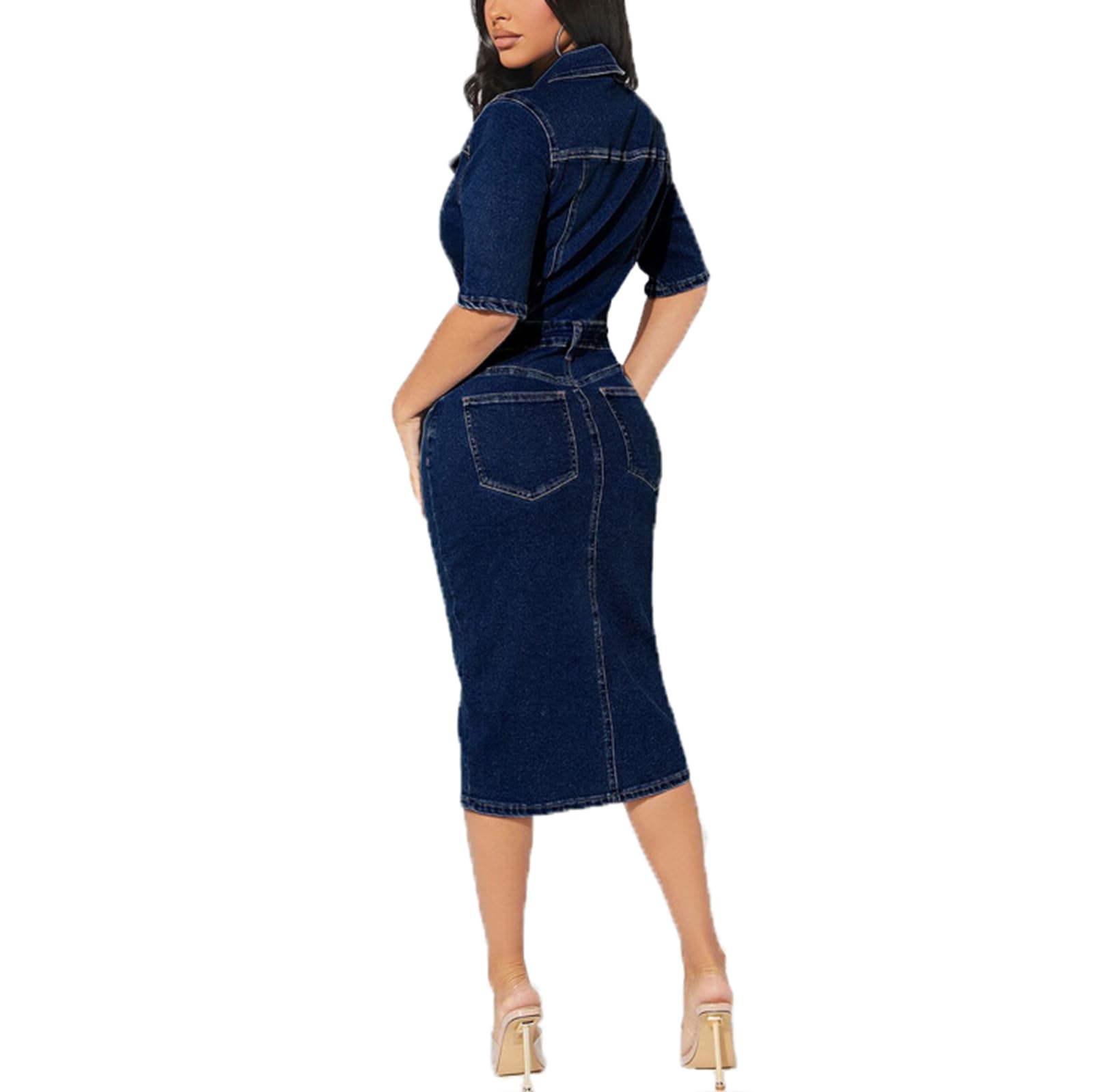 Robe en Jean Moulante Sexy pour Femmes Manches Courtes Boutonnée Ajustée Fendue Mi-Longue
