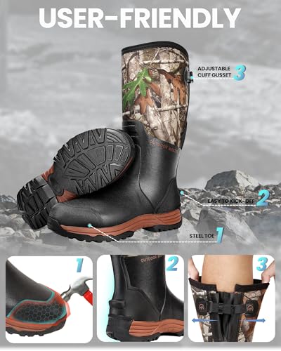 OutdoorMaster Hunting Boots for Men, Waterproof Rubber Neoprene Boots, Anti-slipped Insulated Outdoor Boots4