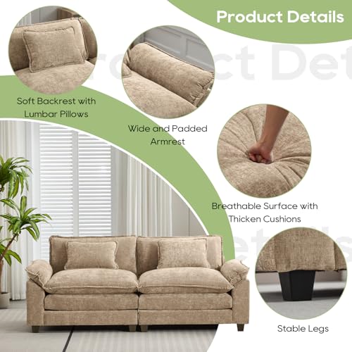 Image of Oprisen 86 inch Modular Sectional Sofa, Comfy Cloud Couch Sectional Sofa, Chenille Sofa Sleeper Deep Seat Sofa with Throw Pillows for Living Room (Khaki, 86 inch- Loveseat)