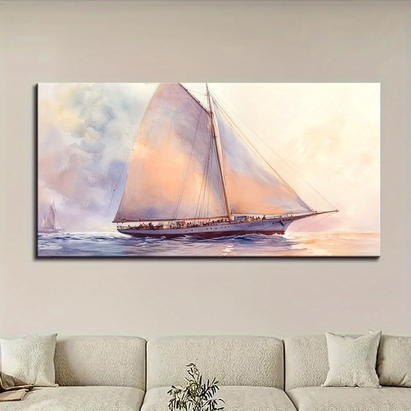 Grande toile dorée salon luxe : aquarelle vintage haut de gamme de voilier 50x100cm