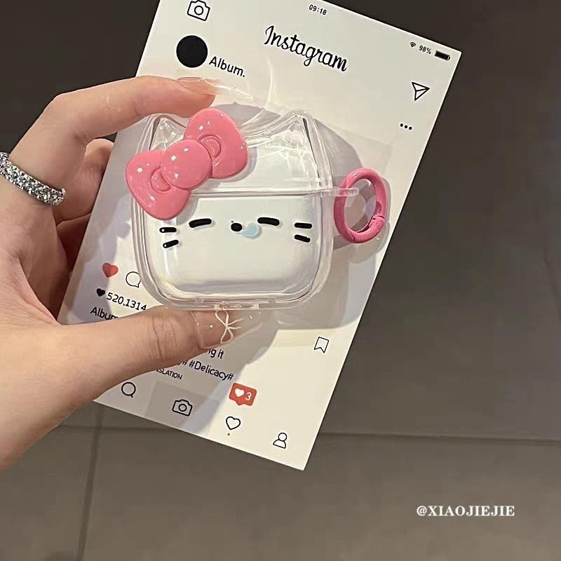 Image of Transparent Clear Earphone Case for AirPods Pro, Cute Lovely Cat Face Soft TPU Silicone Case, Kitty AirPods Pro 2 Cover Protective Skin Shockproof Protector for iPod Earbuds -Sleeping Bowknot Cat