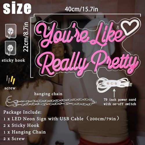 Image of You're Like Really Pretty Neon Sign for Wall Decor, Heart LED Neon Light, Pink Custom Neon Signs for Girls Bedroom Wedding Aesthetic Engagement Birthday Party Holiday Girlfriend