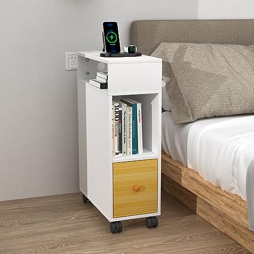 ARunThLana Mesita de Noche Estrecha, Juego de 1 mesas auxiliares con 2 Compartimentos Abiertos y 1 cajón, con Ruedas, con Ruleta, 70 x 50 x 25 cm, para Sala de Estar, Dormitorio Blanco