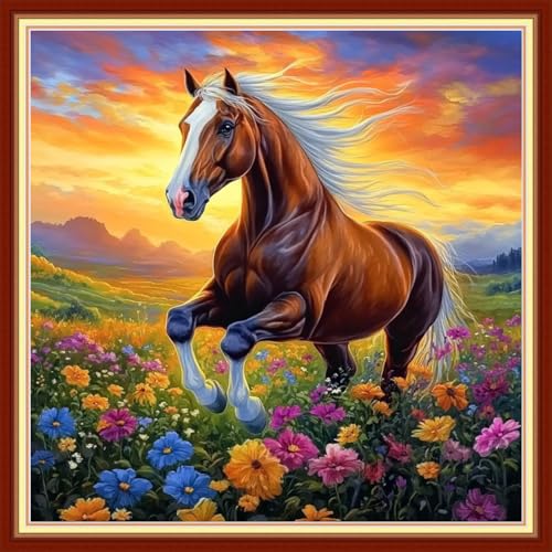 Image of Redxing Stamped Cross Stitch Kits Embroidery kit for Beginners Adults Full Range of Embroidery Patterns Starter Kits DIY Printed Cross Stitch Kits Needlepoint Kits 11CT-Flowers and Horses 18x18 inchs