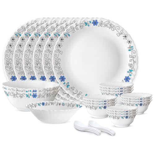 Image of Larah by Borosil Silk Series Blue Iris Opalware Dinner Set | 27 Pieces for Family of 6 | Microwave & Dishwasher Safe | Bone-Ash Free | Crockery Set for Dining & Gifting | Plates & Bowls | White