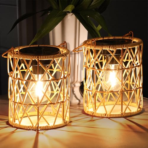 KOOPER Solar Lantern Outdoor Lights, 2 Pack Bright Hanging Solar Lanterns Outdoor Waterproof with Handle, Decoration Rattan Lanterns for Outside Hanging Garden Patio Yard Porch Trees Lawn Pathway Gift