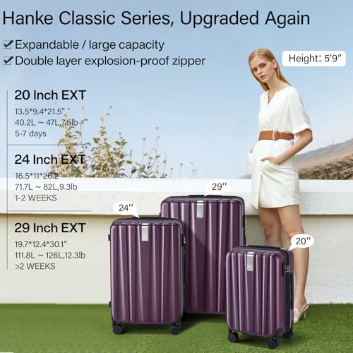 Image of Hanke Expandable Hardshell Luggage Sets 3 piece Carry On Luggage with Wheels Suitcases Lightweight Checked Tsa Luggage Rolling Large Suitcase Travel Luggage Bag Woman Men 20 /24 /29 Inch(Purple)