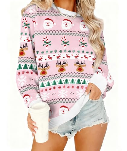 Yiyilina Ugly Christmas Sweatshirts for WomenCasual Fleece Christmas Graphic Sweater Funny Holiday Long Sleeve Pullover Top(Pink XL)
