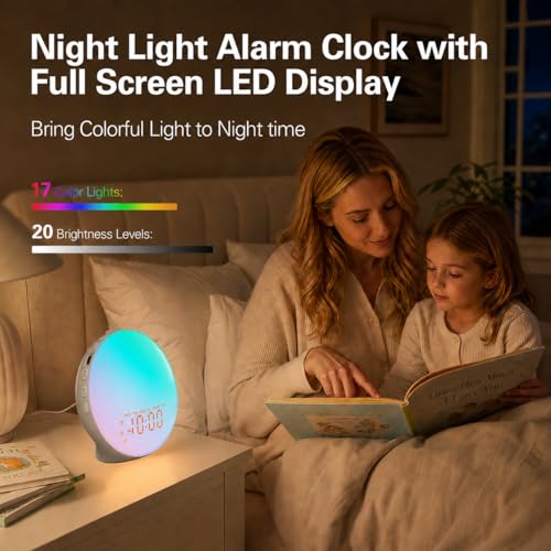 Image of JALL Full Screen Dimmer Sunrise Alarm Clocks for Bedrooms, Wake Up Light with FM Radio, 25 White Noise Sleep Sounds, Bluetooth Speaker, Dual Alarms Bedside Clock for Heavy Sleepers