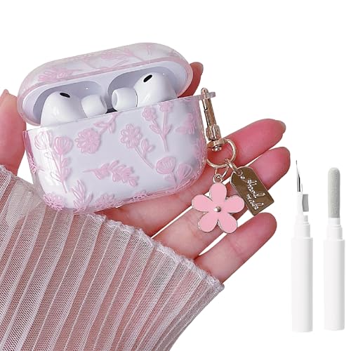 Image of MINSCOSE for AirPods Pro 3rd Generation Case (2025) with Cleaner Kit,Cute Flower Floral Aesthetic Design with Flowers Keychain for Girls Women for Airpods Pro 3-Pink