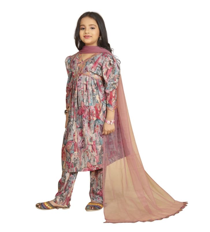 Image of Girl's Maslin Embrodrery Lace Aliya Cut Top with Bottom Dupatta Set (Multicolor, 13-14-Yrs)-PID61092