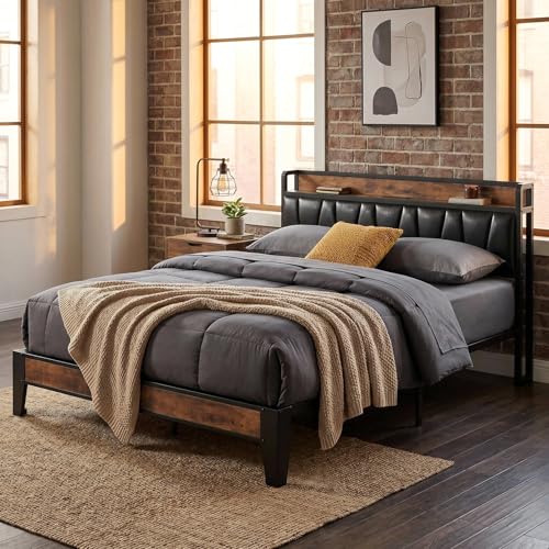 Image of LIKIMIO Full Size Bed Frame, Storage Headboard with Charging Station, Solid and Stable, Noise Free, No Box Spring Needed, Easy Assembly (Vintage and Black)