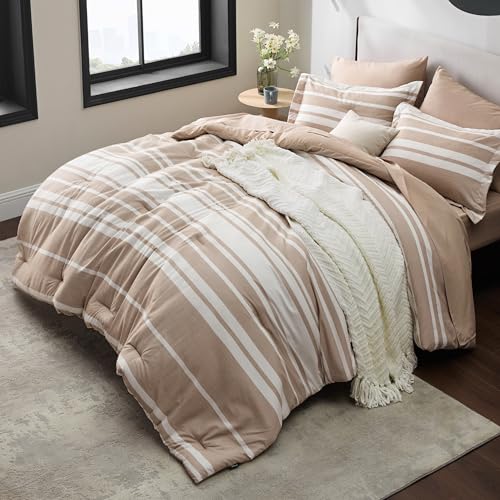 Image of Bedsure Queen Comforter Set 7 Pieces, Light Camel Striped Bedding Set for All Seasons, Reversible, Cationic Dyeing Bed in a Bag with Comforter, Sheets, Pillowcases & Shams