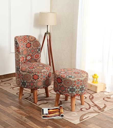 Image of NACIA Velvet Printed Ottoman Chair with Stool Combo | Dressing Table Chair for Bedroom Makeup Room Decor | Modern Upholstered Ottoman with Wooden Legs for Living Room & Home (18x18x32 Inches, Octa)