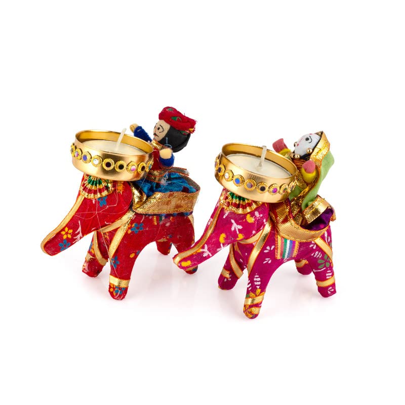 Image of JH Gallery Tealight Candle Holder - Handmade Recycled Material Elephant Rider Rajasthani Dolls for Diwali Home Decor, Multicolor- Home Decoration Items for Living Room, Ganesh Decoration, (1 Pair)
