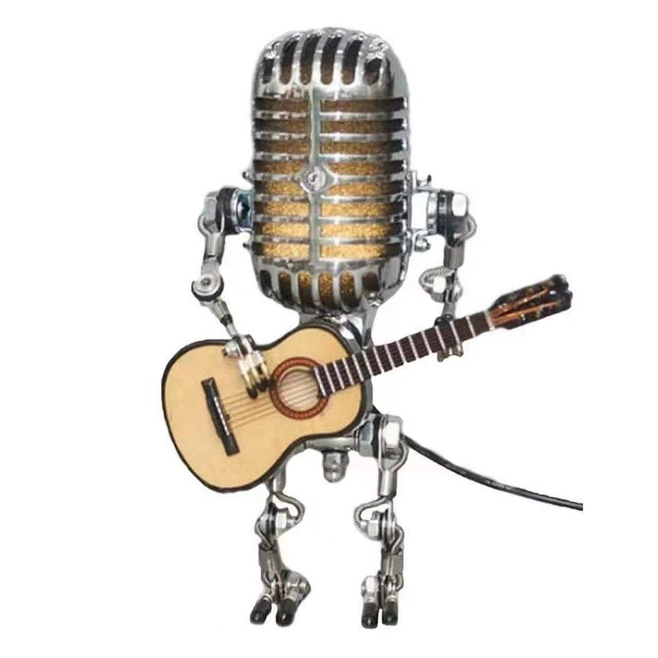 Bpetga Yellow Handcrafted Metal Microphone Guitar Robot Ornament With Led Lighting For Music Enthusiasts (Yellow)
