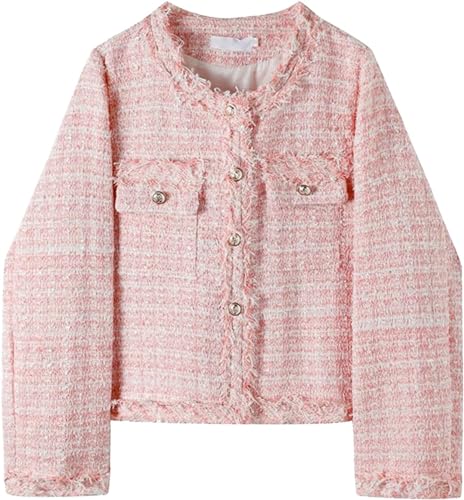 Goolecrimp Chaqueta de Tweed para Mujer Chaqueta de Cuadros de Primavera y otoño clásica a la Moda Chaqueta de Cuadros de Color Rosa Chaqueta Casual de Negocios de Punto con Botones (Rosa,M)