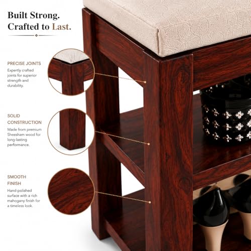 Image of OGESTA Premium Sheesham Wood Shoe Rack with Upholstered Bench - 2-Tier Solid Wood Entryway Shoe Organizer - Durable Hallway Storage Bench for Living Room & Bedroom (Teak, 31inch)