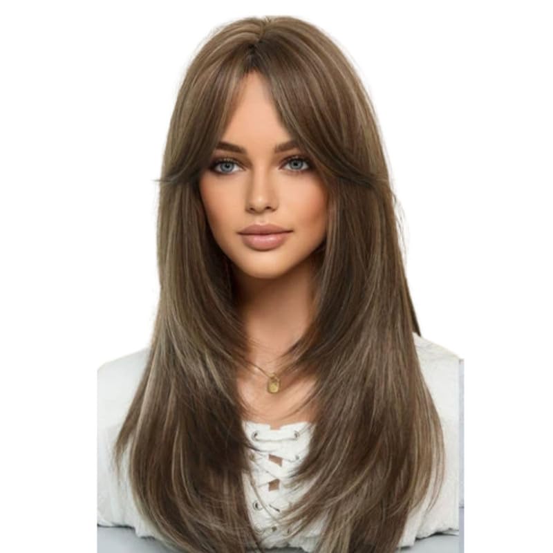 FULAIDA® Light Brown Wig for Women with Golden Highlights | Long Hair Wig with Eight-Character Middle-Parted Bangs | Lightweight Full Headpiece for a Classic Look-image-6