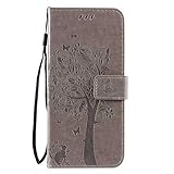 Reevermap iPhone 12 Hülle, iPhone 12 Pro Handyhülle Leder Flip Handy Schutzhülle mit Eulenbaum Muster Standfunktion Brieftasche Etui Case für iPhone 12/ iPhone 12 Pro, Grau