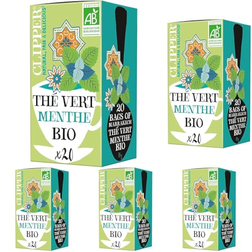 Clipper Natural, Fair and Delicious - Thé Vert Bio Menthe - Marrakech - Issu du Commerce Équitable - 20 sachets de Thé Bio - 5 paquet