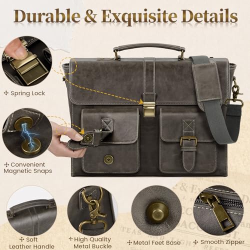 Image of RAINSMORE Mens Messenger Bag 15.6 Inch Leather Vintage Laptop Briefcase Waterproof Computer Laptop Bag Leather Satchel Bag Large Shoulder Bag for Office Work Travel College, Grey