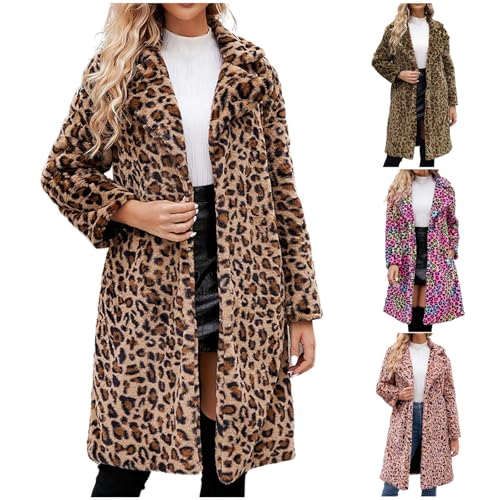 Womens Faux Fur Long Jackets Leopard Print Fleece Coat Loose Fit Open Front Cardigan Overcoat