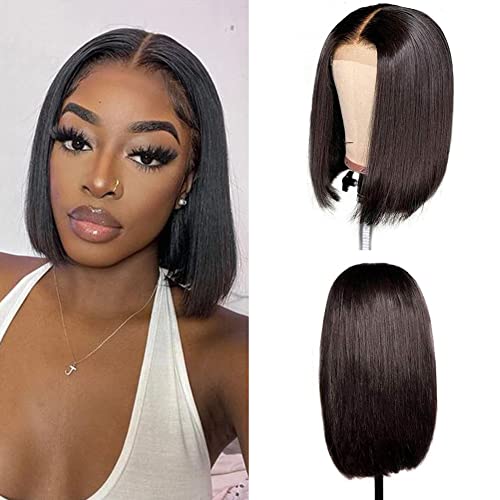 DÉBUT Pelucas de pelo humano recto Bob en T Part Frontal Bob peluca prearrancada con pelo de bebé, 150% densidad de pelo virgen brasileño para mujeres negras (25 cm, negro)