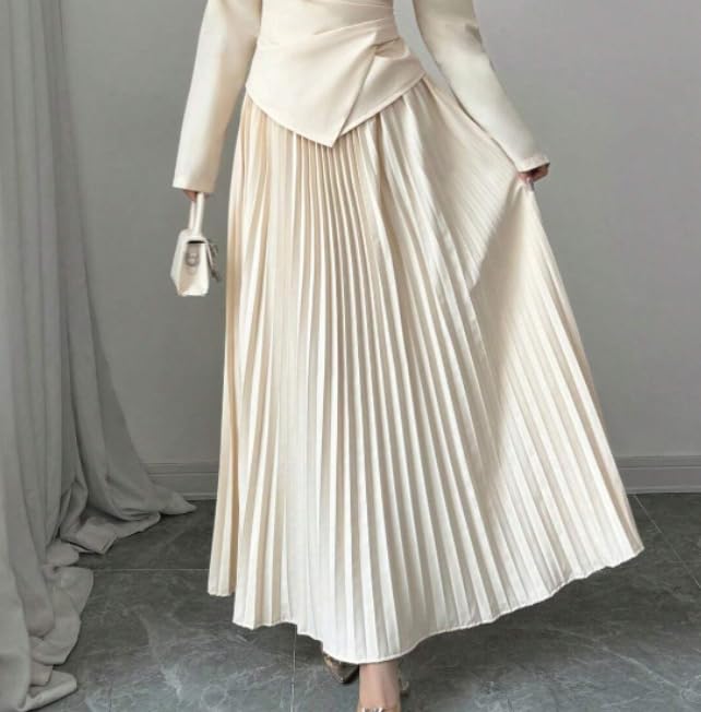 Slimming Pleated Skirt A-Line Design for Petite Women Elegant Maxi Dress Chic High-End Style Beige Color4