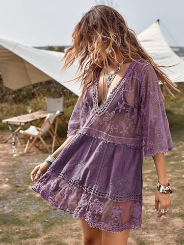 Image of Eomenie Women's Contrast Lace Bathing Suit Cover Up V-Neck Swimsuit Coverups Loose Swimwear Beach Dress Beachwear