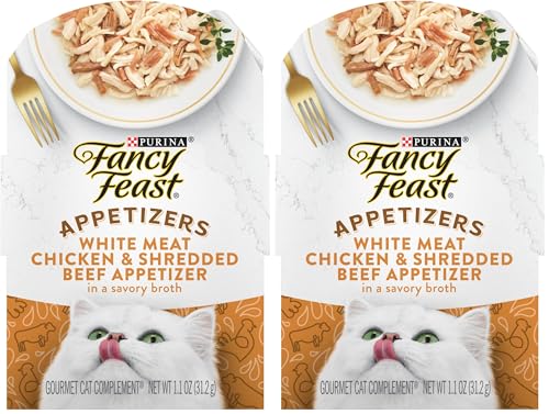 Image of Fancy Feast Purina Appetizers Lickable Grain Free Cat Food Topper White Meat Chicken and Shredded Beef Appetizer - 1.1 oz. Trays,(Pack of 20)