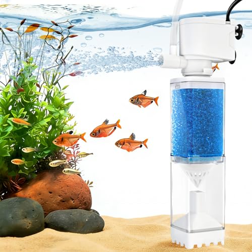 EXLECO Pompes et Filtres pour Aquarium 20-80L, 5 en 1 Réglable Pompe Aquarium Filtre et Oxygène, Pompage & Wavemaker, Moteur Aquariums Silencieux 350L/H 4W,...